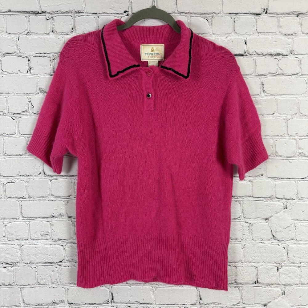 Express Tricot Vtg Knit Polo Sweater Lambswool Angora Rabbit Hair Pink Womens M